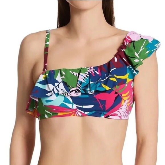 Bleu Rod Beattie Ohe Shoulder Cropped Bikini Top Size 8 Floral Tropical Blue New - Picture 1 of 7